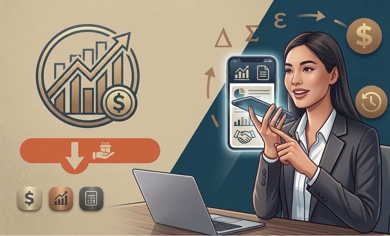 CalcVC illustration: an investor holding a phone at a desk with a laptop, beside a rising bar chart emblem and currency marks.