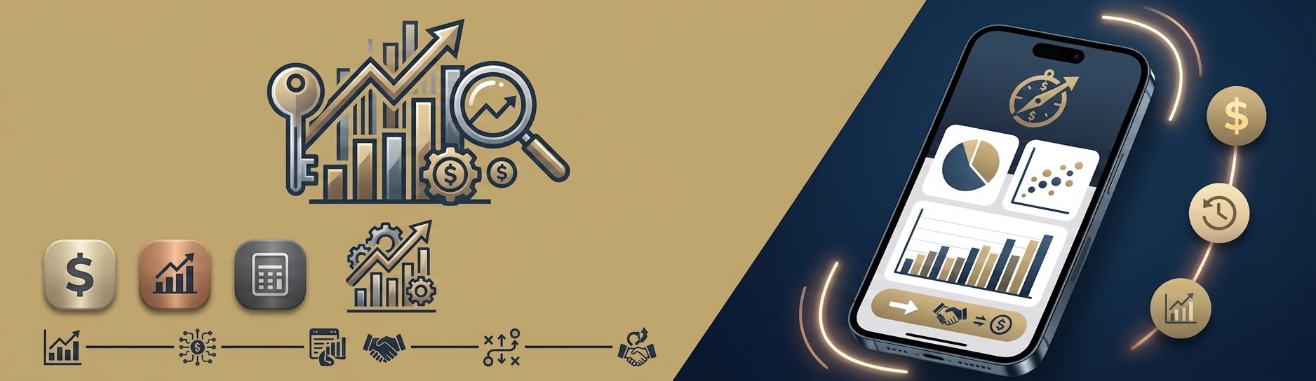 CalcVC banner: venture-finance motifs — a bar chart, a magnifier, a key and a calculator tile — beside a phone held against a deep navy ground.