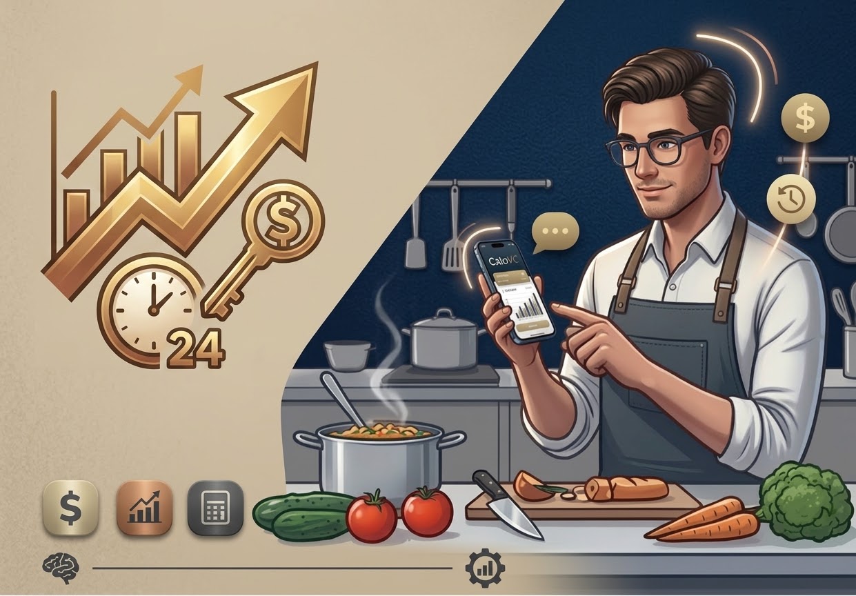 CalcVC illustration: someone checking CalcVC on a phone in a kitchen, beside a rising chart, a clock and a key.