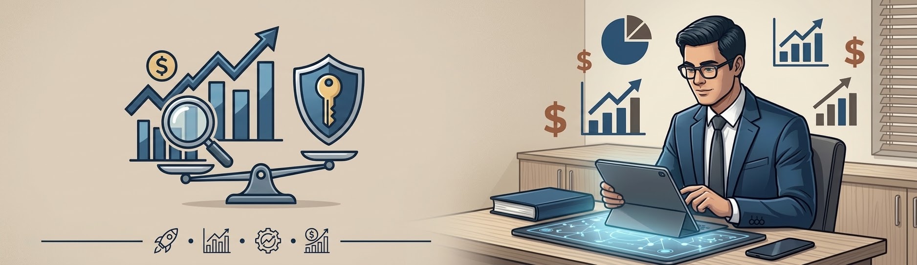 CalcVC banner: a professional at a desk working on a tablet, beside a balance, a shield-and-key and a rising bar chart.